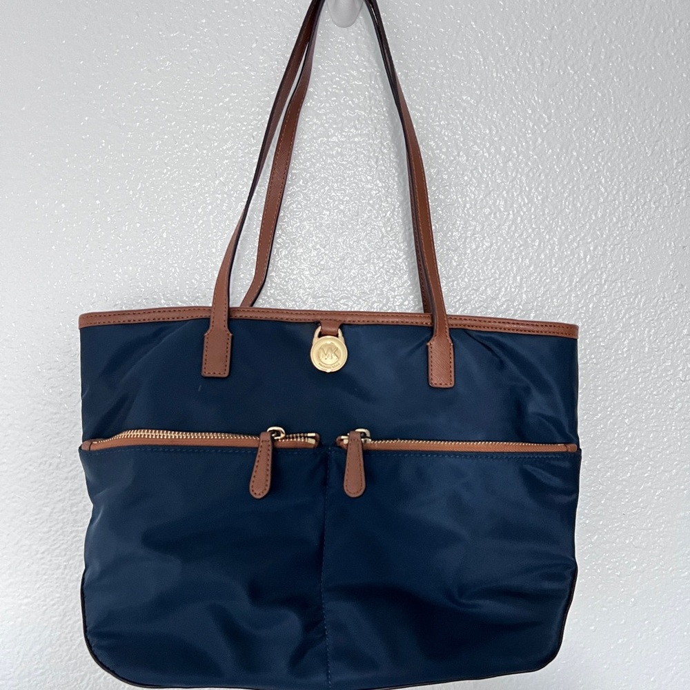 Navy Blue Tote Bag with Brown Accents